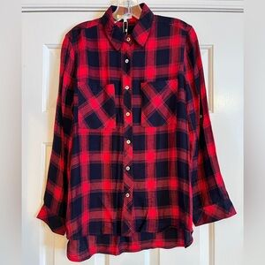 NWT LAJU STITCHFIX red/navy plaid shirt M